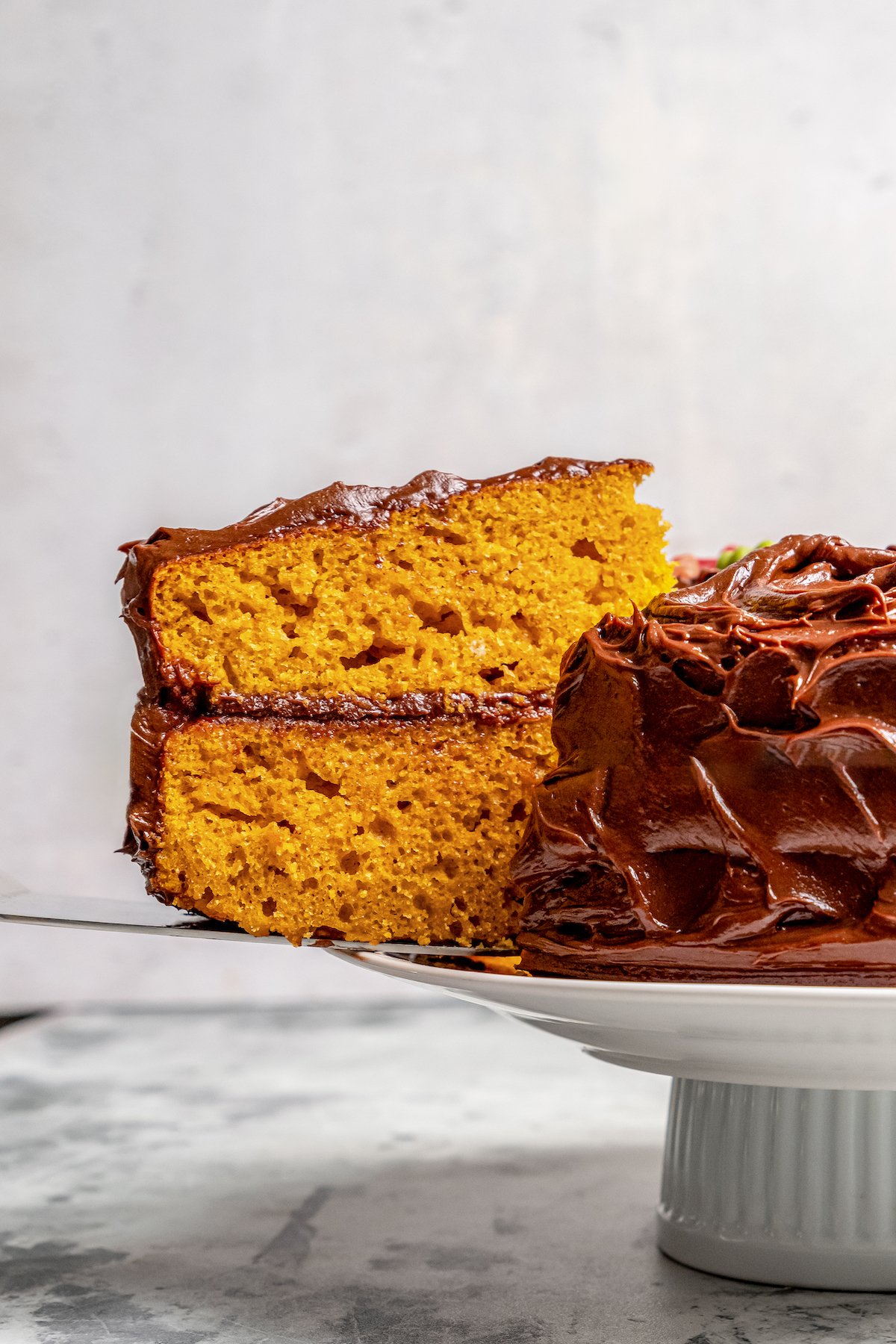 Close-up of a tender slice of the two-layer cake with chocolate frosting. 